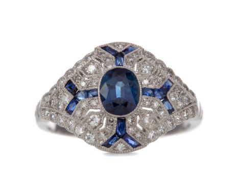 SAPPHIRE AND DIAMOND RING, set with central sapphire and round brilliant cut diamonds 0.48 carats, marked PLAT, size M 1/2, 4
