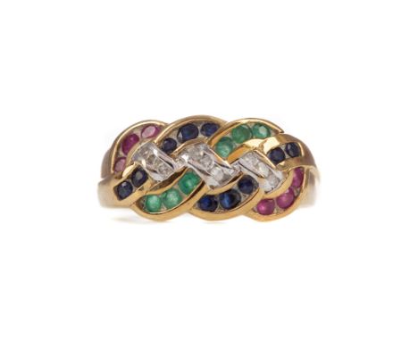 GEM SET AND DIAMOND RING, set with round sapphire, rubies, emeralds and diamonds, the diamonds totalling approximately 0.18 c