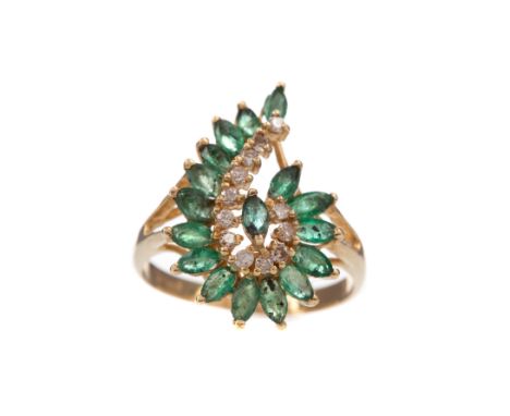 EMERALD AND DIAMOND RING, set with marquise shaped emeralds and round brilliant cut diamonds, the diamonds totalling approxim