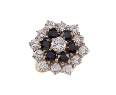 LARGE SAPPHIRE AND WHITE GEM SET CLUSTER RING, set with round white gems and sapphires, unmarked, with sizing beads, size L, 