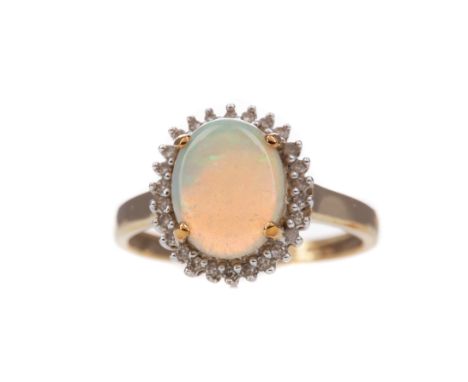 OPAL AND DIAMOND RING, set with an oval opal within a round brilliant cut diamond halo totalling approximately 0.30 carats, i