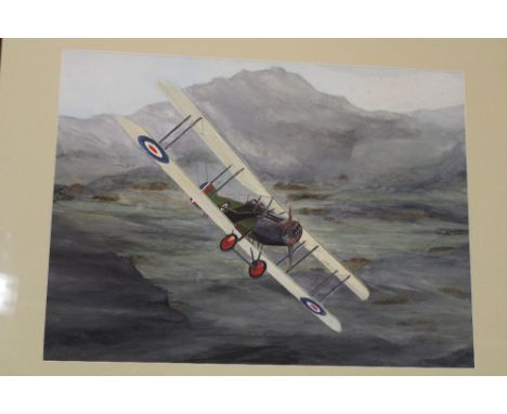 A watercolour by Dudley Jones depicting a First War biplane, signed and dated 1966 14" x 19"