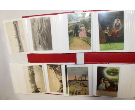 Two albums of various black and white and coloured postcards - First War greetings cards, humorous, topographical, shipping e