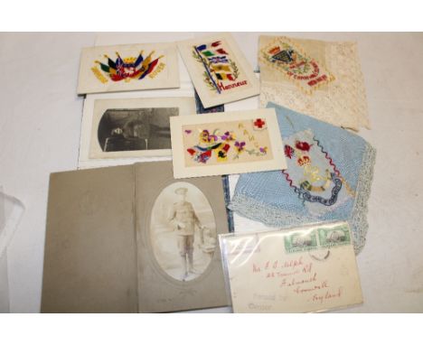 Two First War embroidered silk cloths with Duke of Cornwalls Light Infantry badges, First War RAMC embroidered silk postcard 