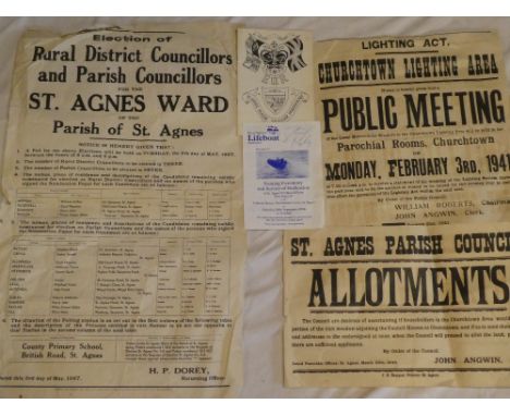 A St. Agnes Parish Council allotments poster dated 1940 11" x 17½"; St. Agnes Churchtown lighting area poster for 1941 16" x 