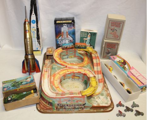 Various toys including Technofix Coney Island rollercoaster set, boxed Russian rocket, friction powered Army helicopter (in o