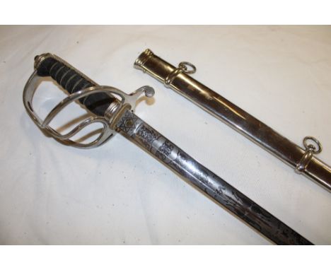 A rare 19th century Cornwall Artillery Volunteers Officer's sword with etched steel blade by Hobson &amp; Sons of London etch