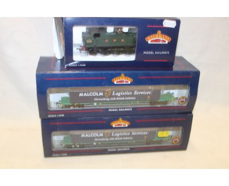 Bachmann 00 gauge - GWR Prairie tank engine, near mint in original box and two pairs of intermodal bogie wagon sets in origin
