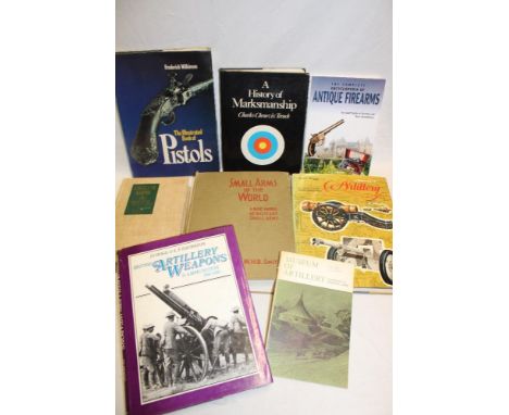 Eight  gun-related books including The Illustrated Book of Pistols; English Guns and Rifles; A History of Marksmanship; Small
