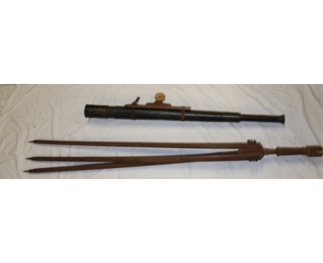 A large single-draw telescope by Negretti and Zambra of London with leather clad body and wooden folding tripod
