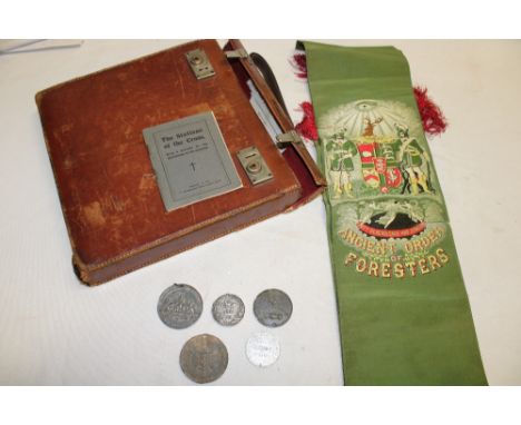 An Ancient Order of Foresters silk sash, leather transit case, various Friendly Society medallions etc.