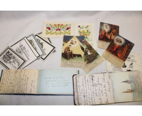 Two First War embroidered silk postcards, an album of various text and sketches circa 1919, one other album of various prose 