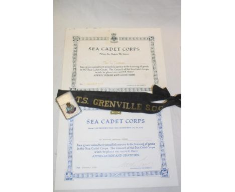 A Zippo lighter with enamelled HMS Rodney badge, TS Grenville SCC Naval cap tally and two cadet certificates