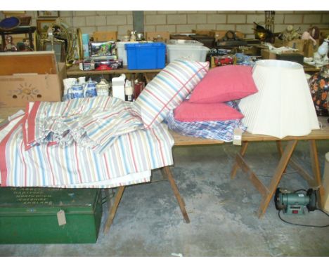 A Pair of good quality lined striped curtains, matching cushions and a lamp shade. 