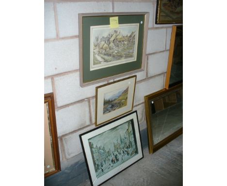 After Lowry " A Lancashire Village " print , a watercolour mountainous landscape and a limited edition print. (3)