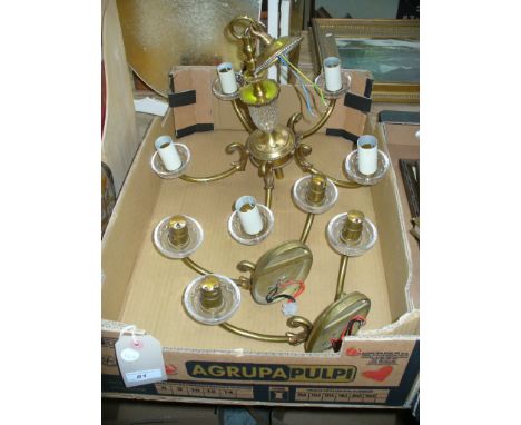 A modern 5 branch ceiling light fitting and a pair of conforming 2 branch wall light fittings.  