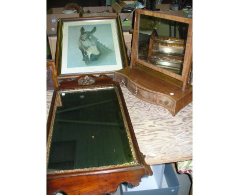 A 19th Century mahogany toilet mirror with a three drawer serpentine base, a 19th Century mahogany Chippendale style wall mir