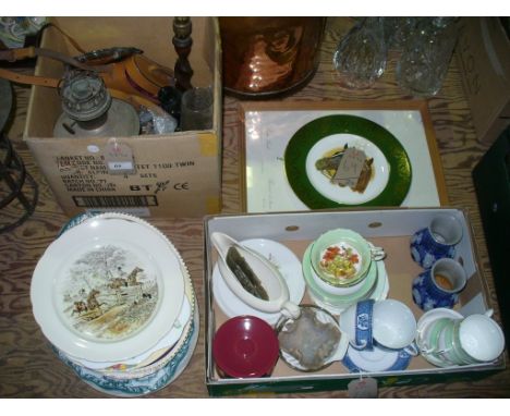 A Cased pair of binoculars , a Victorian oil lamp, a silver plated circular calling card tray with a cast border and scroll f