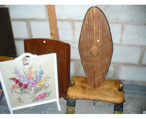 Needlework firescreen, oak firescreen, camel saddle stool and 1 other.(4)