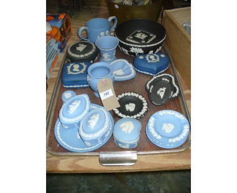 A Collection of Wedgwood jasperware items to a tray including a two handled commemorative loving cup, fruit bowl, trinket box