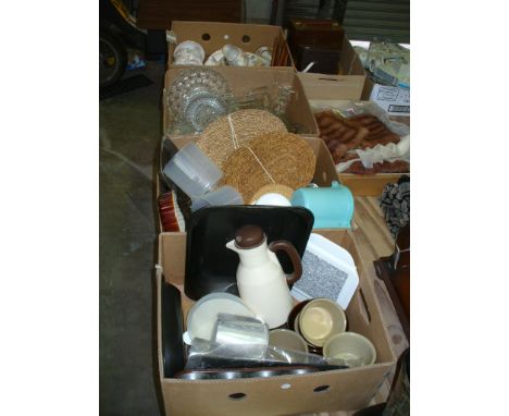 4 Boxes of assorted ceramics and kitchenalia , floral pattern table wares, moulded glassware, qty.