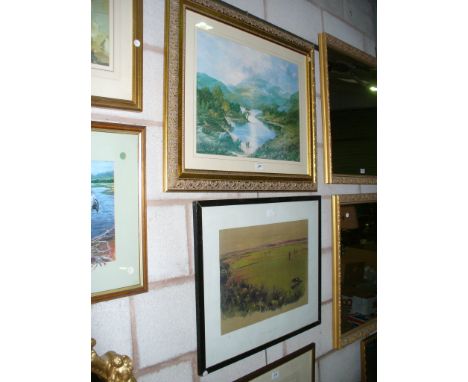 A Limited edition golfing print " St Andrews the 5th and the 13Th " and a rural picture within a gilt frame. (2)