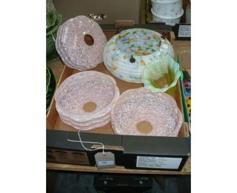3 Mottled pink hanging glass light shades, a marbled glass light shade and 1 other.
