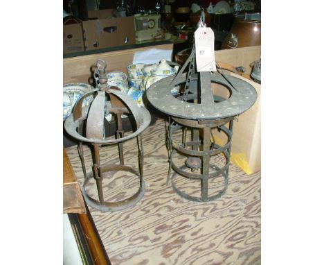 A Vintage brass hanging lantern frame and a second similar metal lantern . (2)