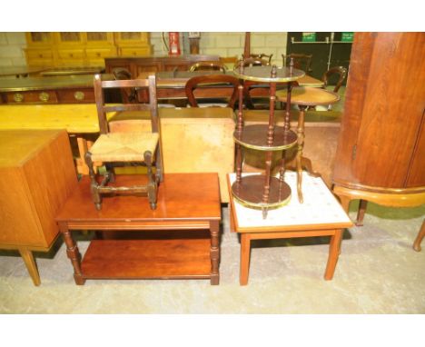 A Tile top coffee table, what not, wine table, hardwood coffee table and child's rush seat ladder back chair. (5)