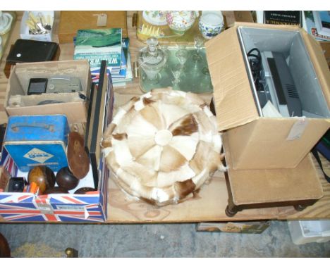 Sundry items including  bowls, cased binoculars, projectors, pouffe , footstool, etc.