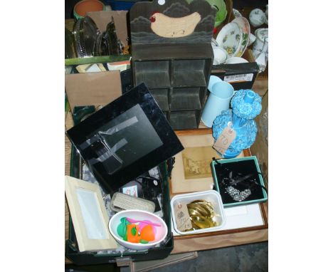 A Flower encrusted bulbous pottery vase, brass furniture fittings, picture frames, Audrey Hind limited edition print, etc.