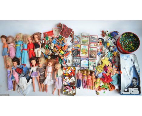 Collection of toys incl. dolls with clothing and other accessories, Top Trump card packs, a Pelham Puppet (Bengo), marbles, a