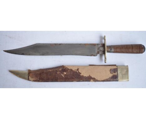 Victorian era cast steel knife with scabbard, stamped with VR crown with later added wound copper wire grip, blade L28.9cm 