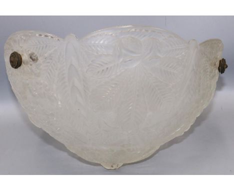French Art Deco pressed and frosted glass pendant ceiling light, moulded design of stylised horse chestnut leaves and conkers