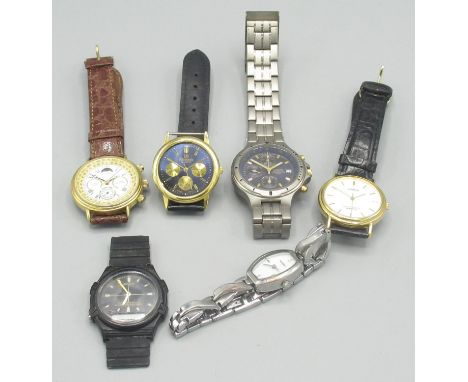 Sekonda gold plated Lunar Calendar quartz wristwatch, five other quartz wristwatches, Lorus, Ricardo, Sekonda, Casio and Puls