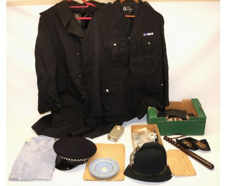 Comprehensive men's police uniform and accessories for Merseyside and Wallasey Police c1970s, incl. cap and helmet with appli