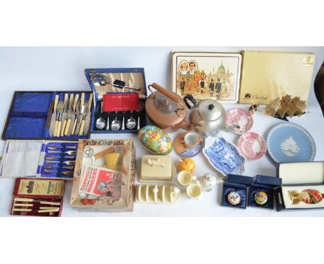 Collection of tableware and other items to include EPNS cutlery, Wedgewood plates, Lurpak butter dis, toast rack and 2 egg cu