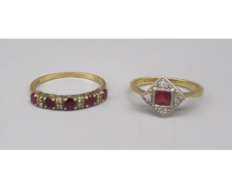 18ct yellow gold five ruby and diamond ring, size O1/2, and an 18ct yellow gold red stone and diamond ring, size K1/2, stampe