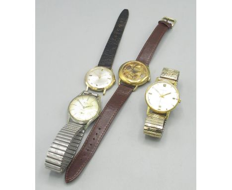 Sekonda gold plated skeletonised hand wound wristwatch, three other gentleman's hand wound wristwatches, Timex, Bentima and S
