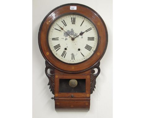 Early C20th American inlaid walnut drop dial wall clock, 11 3/4" painted metal Roman dial, two train movement striking on a b