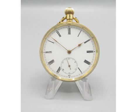 Retailed Russells Ltd., Manchester - early C20th Swiss 18K gold keyless pin set open face pocket watch, white enamel Roman di