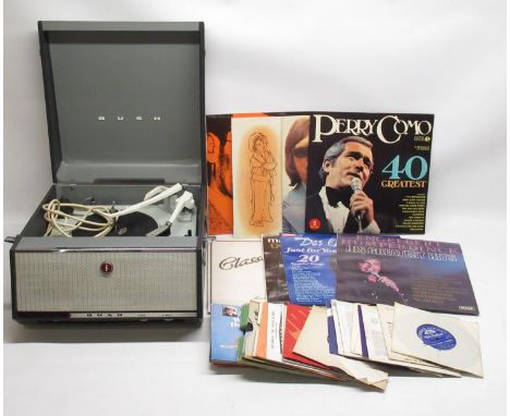 Bush Type SRP.31C portable record player, eight 33 RPM records and twenty eight 45 RPM records by Cliff Richard, Matt Munroe,