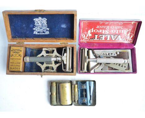 Collection of mostly vintage men's grooming accessories incl. a Valet Auto Strop Safety Razor, a Wilkinson Sword boxed razor,