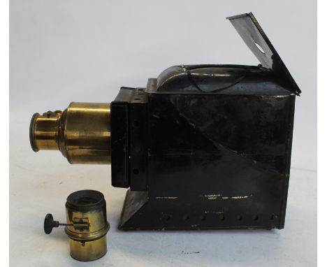 Vintage Magic Lantern with brass lenses (incomplete). A collection of twenty coloured glass slides, Nursery rhymes, exotic an