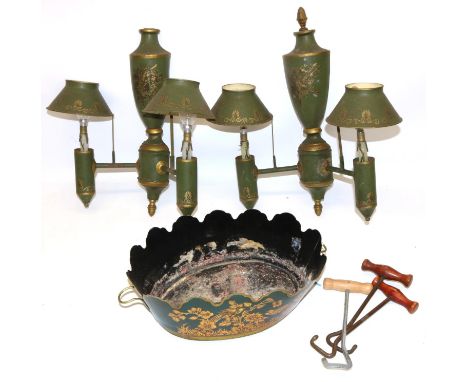 Pair of green tole type wall light fittings with transfer decoration; painted tole oval cache pot, L33cm; and three boot hook