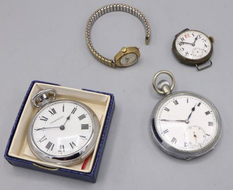 Swiss silver trench wristwatch, white enamel Arabic dial with red 12 and subsidiary seconds, three piece case with snap on be