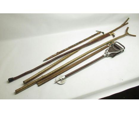 Rabbit foot topped walking stick, 2 other walking sticks, Alpine hiking stick and a shooting stick (5) 