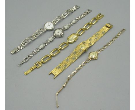 Ladies Everite wristwatch with 9ct yellow bracelet, stamped 375, 8.1g, and four other ladies watches including a silver Rotar