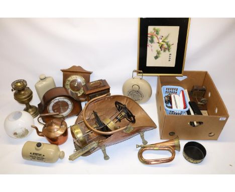Mixed metalware incl, three stoves, Hawkes &amp; Co brass and copper horn, brass and copper log holder, bed warmers, three mi