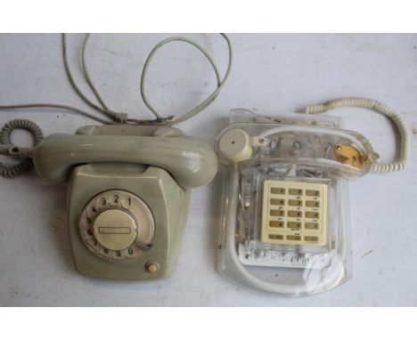 Dutch T65 'Grey Mouse' table telephone, and a Roxanne clear neon light telephone by Cicena (2) 